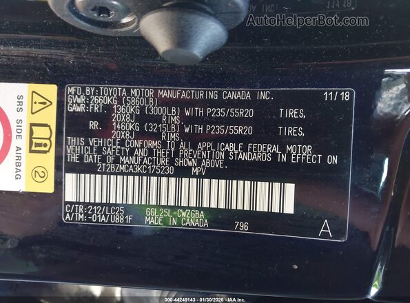2T2BZMCA3KC175230 2019 LEXUS RX 350 Черный Вид подкапотного пространства