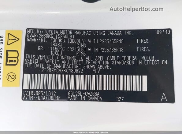 2T2BZMCAXKC189822 2019 LEXUS RX 350 White Engine compartment view