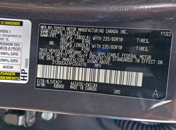 2T2GDCAZ4PC004016 2023 LEXUS NX Charcoal VIN sticker view