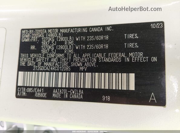 2T2GDCAZ4RC012085 2024 LEXUS NX 250 White Вид підкапотного простору