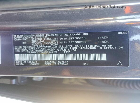 2T2GGCEZ9NC014233 2022 LEXUS NX Gray Вид наклейки з VIN-кодом