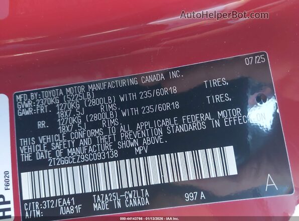 2T2GGCEZ9SC093138 2025 LEXUS NX 350 Красный Вид подкапотного пространства