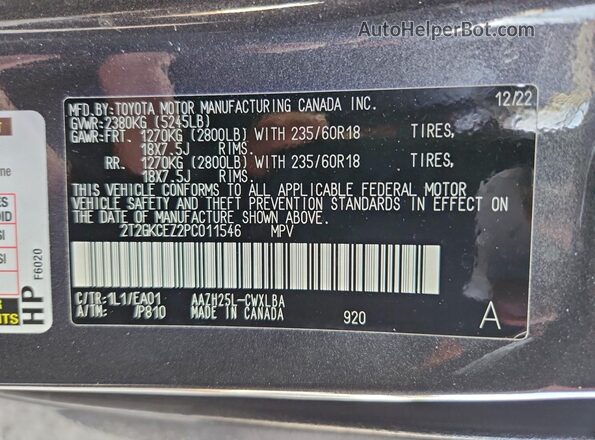 2T2GKCEZ2PC011546 2023 LEXUS NX Черный Вид наклейки с VIN-кодом