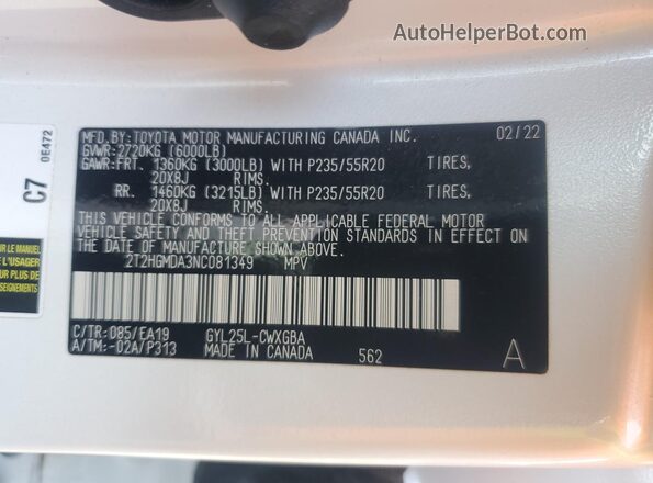 2T2HGMDA3NC081349 2022 LEXUS RX White Вид наклейки з VIN-кодом