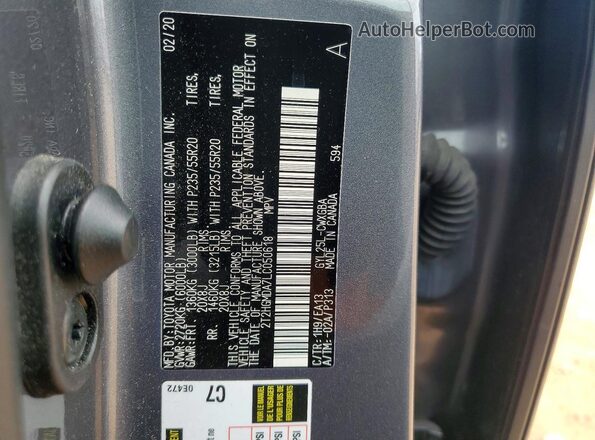 2T2HGMDA7LC050618 2020 LEXUS RX Gray Vista de la etiqueta del VIN