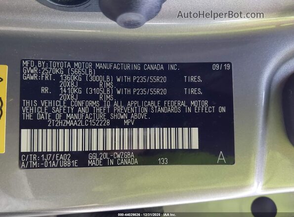 2T2HZMAA2LC152228 2020 LEXUS RX 350 Gray Engine compartment view