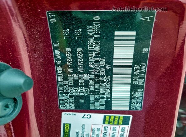 2T2HZMAA3NC225397 2022 LEXUS RX Red Widok naklejki z numerem VIN