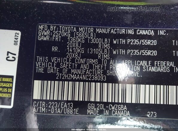 2T2HZMAA4NC238093 2022 LEXUS RX 350 Black Вид підкапотного простору