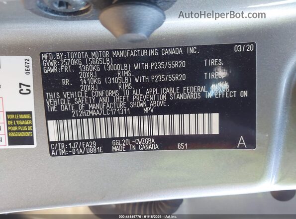 2T2HZMAA7LC171311 2020 LEXUS RX 350 Серый Вид подкапотного пространства