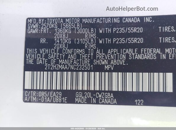 2T2HZMAA7NC232501 2022 LEXUS RX 350 White Widok komory silnika