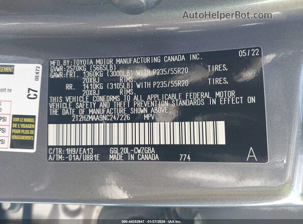 2T2HZMAA9NC247226 2022 LEXUS RX 350 Gray Engine compartment view