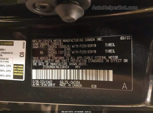 2T2HZMDA1NC338454 2022 LEXUS RX 350 Черный 