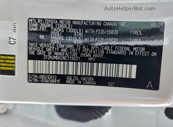 2T2HZMDA2NC319931 2022 LEXUS RX White ძრავის განყოფილების ხედი