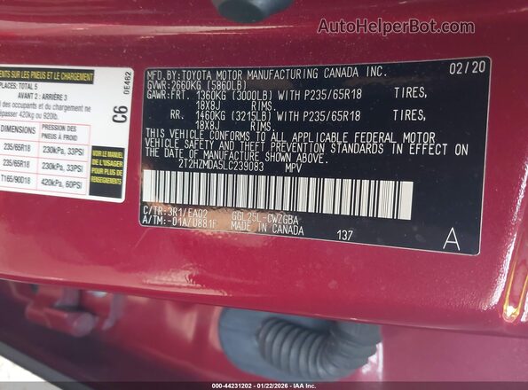 2T2HZMDA5LC239083 2020 LEXUS RX 350 Red Vista del compartimento del motor