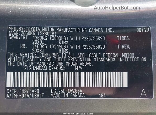 2T2HZMDA5LC246955 2020 LEXUS RX 350 Gray Вид підкапотного простору