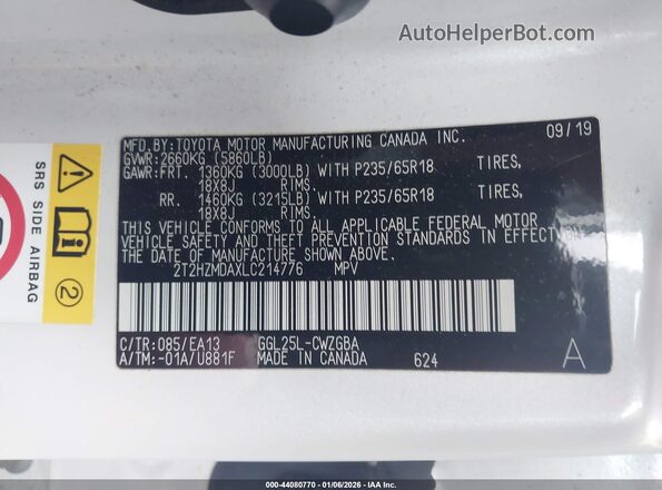 2T2HZMDAXLC214776 2020 LEXUS RX 350 White Widok komory silnika