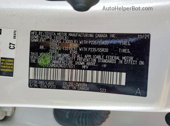 2T2JGMDA2NC077651 2022 LEXUS RX White Vista del compartimento del motor