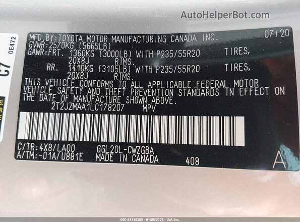2T2JZMAA1LC178207 2020 LEXUS RX 350 Champagne Вид підкапотного простору