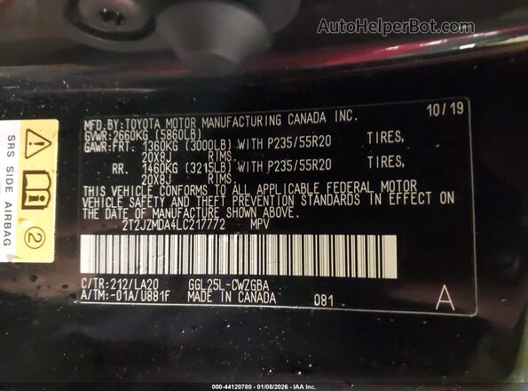 2T2JZMDA4LC217772 2020 LEXUS RX 350 Black ძრავის განყოფილების ხედი