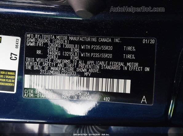 2T2JZMDA6LC231933 2020 LEXUS RX 350 Blue ძრავის განყოფილების ხედი