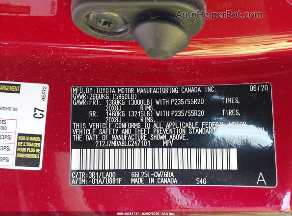 2T2JZMDA8LC247101 2020 LEXUS RX 350 Red Vista del compartimento del motor