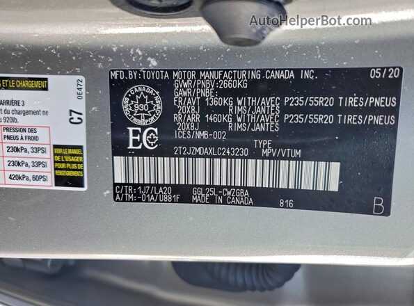 2T2JZMDAXLC243230 2020 LEXUS RX Gray Вид наклейки з VIN-кодом