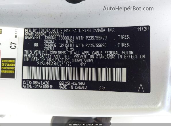 2T2JZMDAXMC271725 2021 LEXUS RX 350 White Вид підкапотного простору