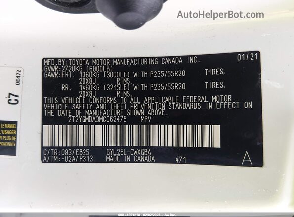 2T2YGMDA3MC062475 2021 LEXUS RX 450H White Vista del compartimento del motor