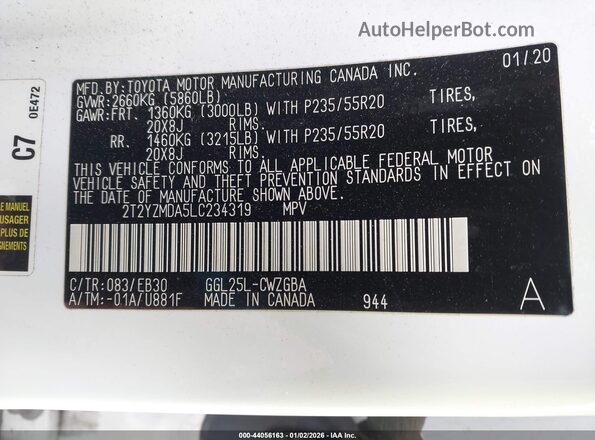 2T2YZMDA5LC234319 2020 LEXUS RX 350 White Vista del compartimento del motor