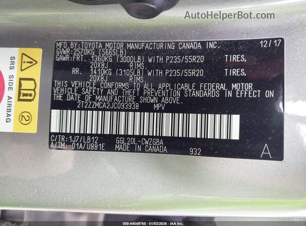 2T2ZZMCA2JC093938 2018 LEXUS RX 350 Серый Вид подкапотного пространства