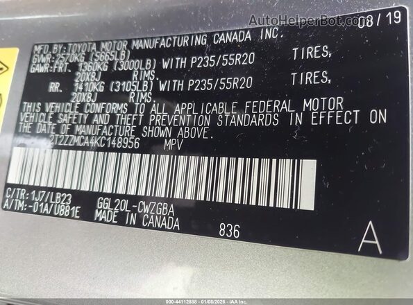 2T2ZZMCA4KC148956 2019 LEXUS RX 350 Gray Engine compartment view