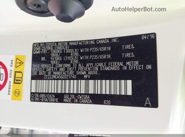 2T2ZZMCA5GC021740 2016 LEXUS RX 350 White ძრავის განყოფილების ხედი