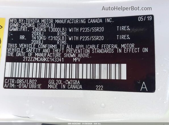 2T2ZZMCA8KC143341 2019 LEXUS RX 350 White Вид підкапотного простору