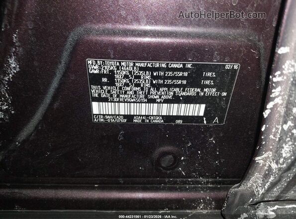 2T3DFREV9GW450194 2016 TOYOTA LIMITED Burgundy Շարժիչի բաժամունքի տեսք