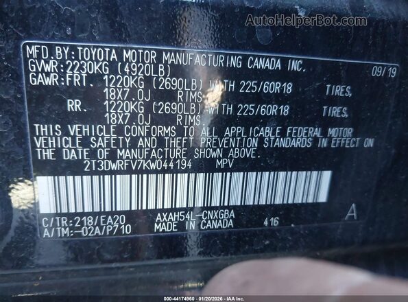 2T3DWRFV7KW044194 2019 TOYOTA LIMITED Black Вид підкапотного простору