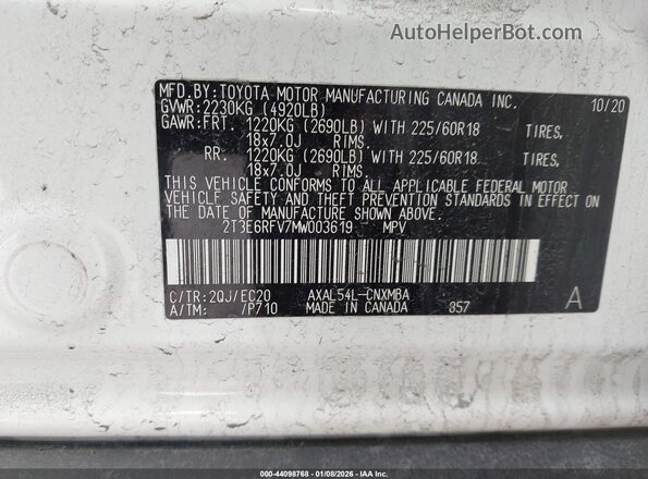 2T3E6RFV7MW003619 2021 TOYOTA RAV4 HYBRID White ძრავის განყოფილების ხედი