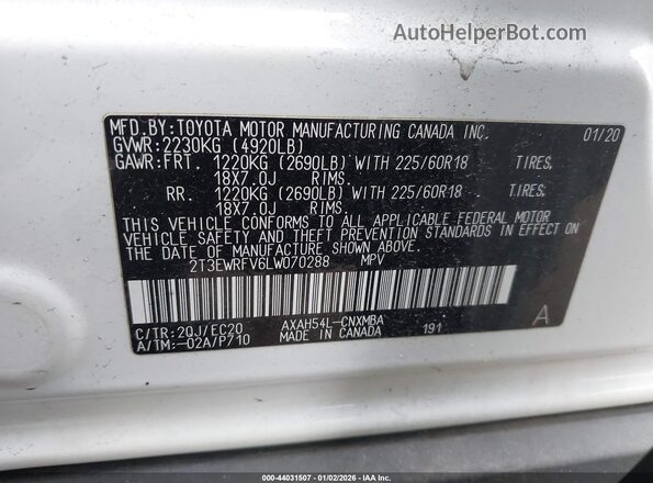2T3EWRFV6LW070288 2020 TOYOTA RAV4 HYBRID White Engine compartment view