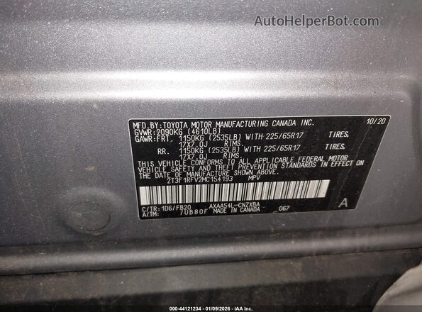 2T3F1RFV2MC154193 2021 TOYOTA LE Gray Շարժիչի բաժամունքի տեսք