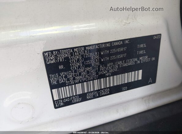 2T3G1RFV1PC356127 2023 TOYOTA LE White Vista del compartimento del motor