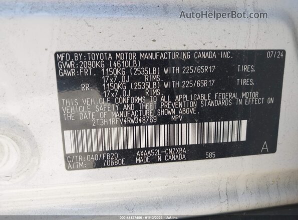 2T3H1RFV4RW348769 2024 TOYOTA LE Белый Вид подкапотного пространства