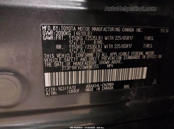 2T3P1RFV2SW496355 2025 TOYOTA LE Gray Вид підкапотного простору