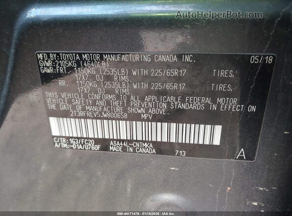 2T3RFREV5JW800658 2018 TOYOTA LE Gray Widok tylnych siedzeń