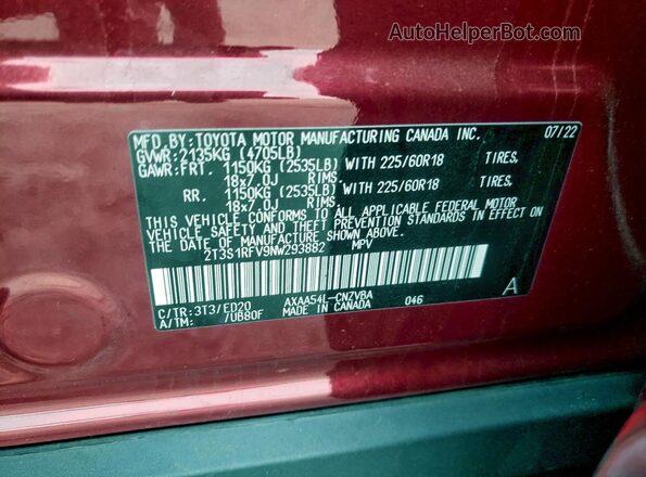 2T3S1RFV9NW293882 2022 TOYOTA RAV4 Красный Панорамный вид салона 360°