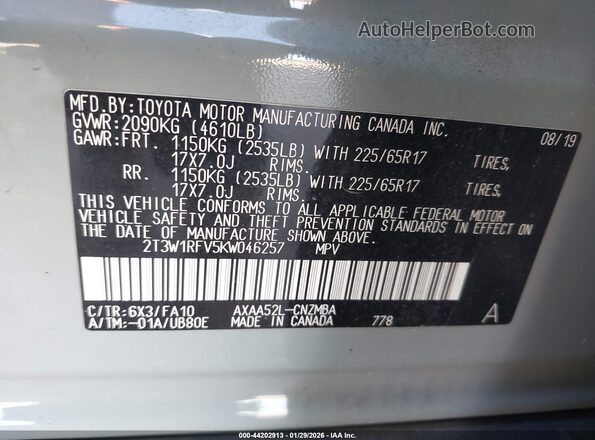 2T3W1RFV5KW046257 2019 TOYOTA LE Gray Engine compartment view