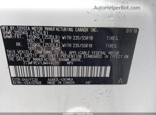 2T3WFREV1JW444020 2018 TOYOTA RAV4 White Շարժիչի բաժամունքի տեսք