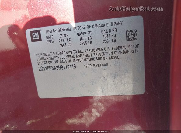 2g1105SA2H9119119 2017 CHEVROLET MALIBU Burgundy Vista del compartimento del motor