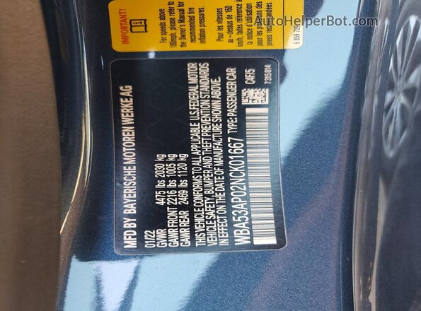 WBA53AP02NCK01667 2022 BMW 4 SERIES Серый Вид наклейки с VIN-кодом