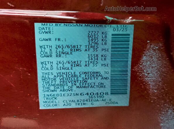 1N6ED1EJ2SN640408 2025 NISSAN FRONTIER Red Widok naklejki z numerem VIN