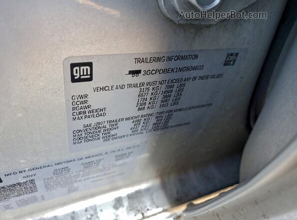 3GCPDBEK1NG504603 2022 CHEVROLET ALL MODELS Silver Widok naklejki z numerem VIN