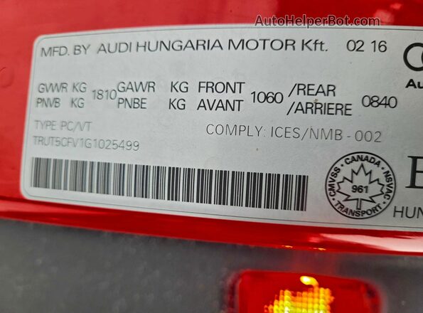 TRUT5CFV1G1025499 2016 AUDI TT Red Vista interior trasera